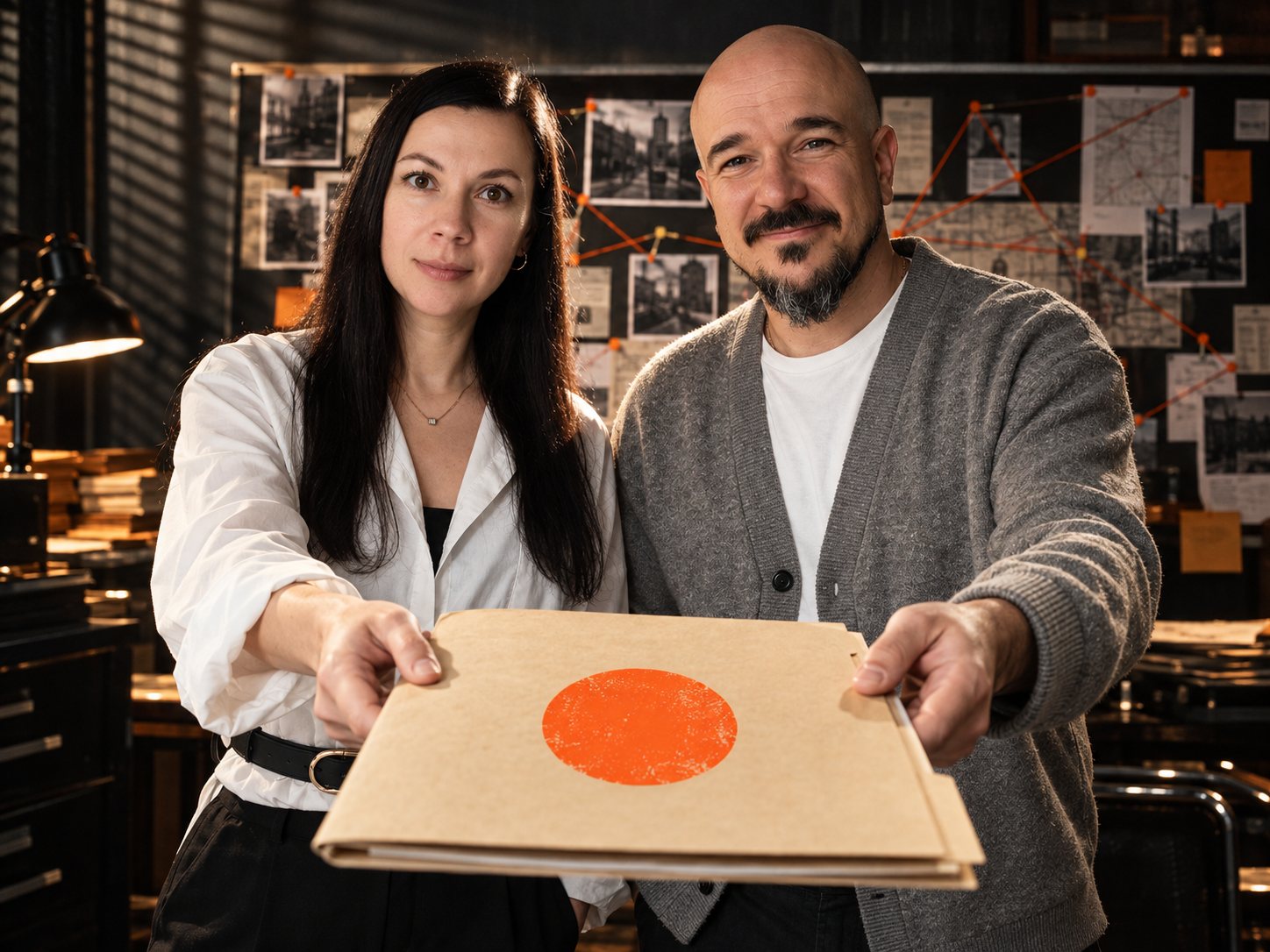 Дарья и Максим протягивают в камеру закрытую папку дела с оранжевой печатью